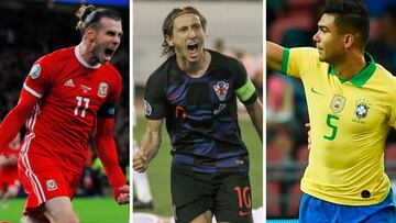 Bale (Gales), Modric (Croacia), y Casemiro (Brasil), jugadores internacionales del Real Madrid.