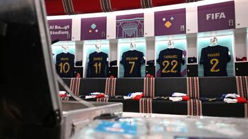 AL KHOR, QATAR - DECEMBER 10: The shirts of Kylian Mbappe, Ousmane Dembele, Antoine Griezmann, Theo Hernandez and Benjamin Pavard of France are seen in the dressing room prior to the FIFA World Cup Qatar 2022 quarter final match between England and France at Al Bayt Stadium on December 10, 2022 in Al Khor, Qatar. (Photo by Michael Regan - FIFA/FIFA via Getty Images)