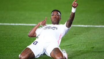 MADRID, SPAIN - APRIL 06: Vinicius Junior of Real Madrid celebrates scoring a goal during the UEFA Champions League Quarter Final match between Real Madrid and Liverpool FC at Estadio Alfredo Di Stefano on April 06, 2021 in Madrid, Spain. (Photo by Fran S