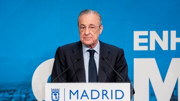 El presidente del Real Madrid, Florentino P¨¦rez, ofrece una rueda de prensa tras recibir al Real Madrid de Baloncesto, en el Sal¨®n de Actos del Palacio de Cibeles, a 23 de mayo de 2023, en Madrid (Espa?a). El Real Madrid de baloncesto se proclam¨®, el 21 de mayo, campe¨®n de la Euroliga 2022-2023, su und¨¦cimo t¨ªtulo en la m¨¢xima competici¨®n continental, tras derrotar por 78-79 al Olympiacos griego en la final disputada en el Zalgirio Arena de Kaunas.
23 MAYO 2023;MADRID;BALONCESTO MADRID;CAMPEONES;EUROLIGA 2022-2023
A. P¨¦rez Meca / Europa Press
23/05/2023