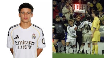 Álvaro Rivera, jugador del Juvenil C del Real Madrid, y Alberto Rivera, en su debut en Champions al sustituir a Figo.
