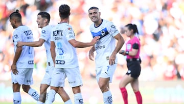 German Berterame celebrates his goal 0-1 with Gerardo Arteaga and Oliver Torres of Monterrey during the 8th round match between Queretaro and Monterrey as part of the Liga BBVA MX, Torneo Apertura 2025 at La Corregidora Stadium, on September 14, 2025 in Santiago de Queretaro, Mexico.