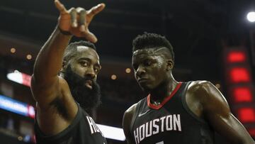 HOUSTON, TX - APRIL 29: James Harden #13 celebrates with teammate Clint Capela #15 of the Houston Rockets during a time out in the second half during Game One of the Western Conference Semifinals of the 2018 NBA Playoffs against the Utah Jazz at Toyota Center on April 29, 2018 in Houston, Texas. NOTE TO USER: User expressly acknowledges and agrees that, by downloading and or using this photograph, User is consenting to the terms and conditions of the Getty Images License Agreement.   Tim Warner/Getty Images/AFP
 == FOR NEWSPAPERS, INTERNET, TELCOS &amp; TELEVISION USE ONLY ==
