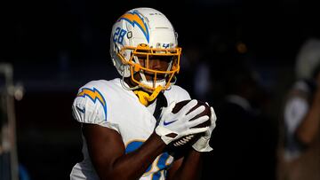 SANTA CLARA, CALIFORNIA - AUGUST 25: Isaiah Spiller #28 of the Los Angeles Chargers warms up during pregame warm ups prior to playing the San Francisco 49ers in a preseason game at Levi's Stadium on August 25, 2023 in Santa Clara, California.   Thearon W. Henderson/Getty Images/AFP (Photo by Thearon W. Henderson / GETTY IMAGES NORTH AMERICA / Getty Images via AFP)