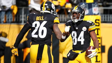 PITTSBURGH, PA - JANUARY 08: Antonio Brown #84 of the Pittsburgh Steelers celebrates his touchdown with Le'Veon Bell #26 in the first quarter during the Wild Card Playoff game against the Miami Dolphins at Heinz Field on January 8, 2017 in Pittsburgh, Pennsylvania. Justin K. Aller/Getty Images/AFP
== FOR NEWSPAPERS, INTERNET, TELCOS & TELEVISION USE ONLY ==