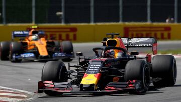 MONTREAL, QUEBEC - JUNE 09: Max Verstappen of the Netherlands driving the (33) Aston Martin Red Bull Racing RB15 leads Lando Norris of Great Britain driving the (4) McLaren F1 Team MCL34 Renault on track during the F1 Grand Prix of Canada at Circuit Gilles Villeneuve on June 09, 2019 in Montreal, Canada. Charles Coates/Getty Images/AFP
== FOR NEWSPAPERS, INTERNET, TELCOS & TELEVISION USE ONLY ==