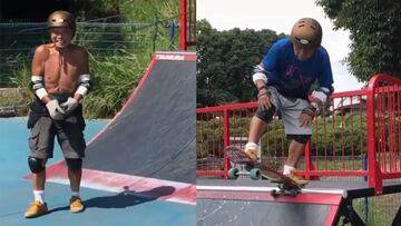 Mr. Kinoshita, skater japonés de 81 años que se tira por primera vez desde una rampa. En la izquierda, sin camiseta y sonriendo. En la derecha, a punto de realizar el Drop in.