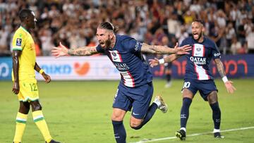 Sergio Ramos celebrates his goal against Nantes.