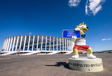 A photo taken on May 21, 2018 shows FIFA World Cup 2018 mascot Zabivaka, placed in front of the Nizhny Novgorod Arena in Nizhny Novgorod. the stadium will host four group matches, Round of 16 game and a quarter-final football match of the FIFA World Cup 2