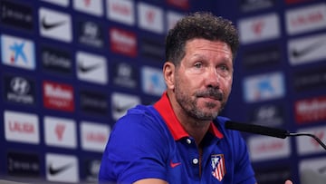 Soccer Football - LaLiga - Atletico Madrid Press Conference - Atletico de Madrid Training Complex, Majadahonda, Spain - August 18, 2024 Atletico Madrid coach Diego Simeone during the press conference REUTERS/Isabel Infantes
