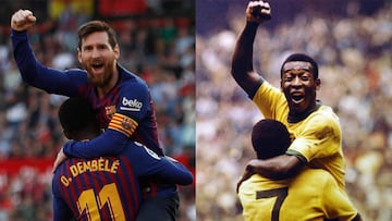 Messi celebra un gol con Demb&eacute;l&eacute; y Pele con Jarizinho en el Mundial de 1970