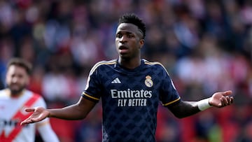 MADRID, SPAIN - FEBRUARY 18: Vinicius Junior of Real Madrid reacts during the LaLiga EA Sports match between Rayo Vallecano and Real Madrid CF at Estadio de Vallecas on February 18, 2024 in Madrid, Spain. (Photo by Denis Doyle/Getty Images)