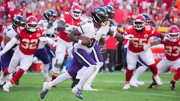 Sep 28, 2025; Kansas City, Missouri, USA; Baltimore Ravens quarterback Lamar Jackson (8) scrambles during the third quarter against the Kansas City Chiefs at GEHA Field at Arrowhead Stadium. Mandatory Credit: Denny Medley-Imagn Images
