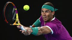 MELBOURNE, AUSTRALIA - JANUARY 28: Rafael Nadal of Spain plays a backhand in his Men's Singles semi-final match against Matteo Berrettini of Italy during day 12 of the 2022 Australian Open at Melbourne Park on January 28, 2022 in Melbourne, Australia. (Ph