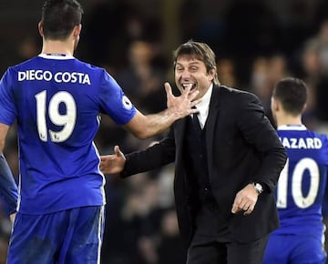 Chelsea's Antonio Conte celebrates after the English Premier League soccer match between Chelsea and Stoke City