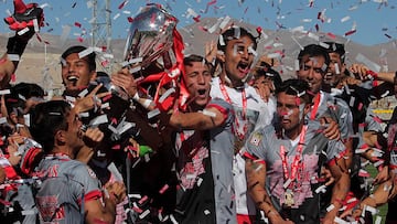 Futbol, Copiapo vs Curico, 
 campeonato primera B 2016/17.
 Duopdecima fecha, campeonato dprimera B 2016/17.
 Los jugadores de  Curico, celebran el ascenso a primera divisi&oacute;n luego del partido  contra  Copiapo  por primera B en el estadio El Cobre.