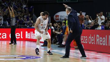 Sergio Llull celebra una canasta junto a su entrenador, Pablo Laso.
