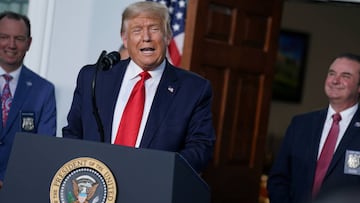 Donald Trump delivers remarks to the City of New York Police Benevolent Association at Trump National Golf Club in Bedminster, New Jersey.