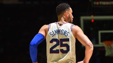 PHILADELPHIA, PA - APRIL 14:  Ben Simmons #25 of the Philadelphia 76ers looks on in game one of round one of the 2018 NBA Playoffs against the Miami Heat on April 14, 2018 at Wells Fargo Center in Philadelphia, Pennsylvania NOTE TO USER: User expressly acknowledges and agrees that, by downloading and/or using this Photograph, user is consenting to the terms and conditions of the Getty Images License Agreement. Mandatory Copyright Notice: Copyright 2018 NBAE (Photo by Jesse D. Garrabrant/NBAE via Getty Images)