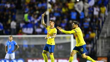 Brian Rodriguez celebrates his goal 0-1 with Diego Valdes of America during the 6th round match between Cruz Azul and America as part of the Liga BBVA MX, Torneo Apertura 2024 at Ciudad de los Deportes Stadium on August 31, 2024 in Mexico City, Mexico.