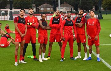 Dominic Solanke, Alisson Becker, Roberto Firmino, Nathaniel Clyne, Joe Gomez and Fabinho at Melwood.