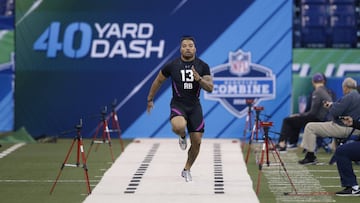 INDIANAPOLIS, IN - MARCH 02: LSU running back Derrius Guice runs the 40-yard dash during the 2018 NFL Combine at Lucas Oil Stadium on March 2, 2018 in Indianapolis, Indiana.   Joe Robbins/Getty Images/AFP
 == FOR NEWSPAPERS, INTERNET, TELCOS &amp; TELEVISION USE ONLY ==