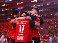 Kevin Castaneda celebrates his goal 1-0 of Tigres during the 13th round match between Tijuana and Tigres UANL as part of the Liga BBVA MX Varonil, Torneo Clausura 2026 at Caliente Stadium, on April 03, 2026 in Tijuana, Baja California, Mexico.