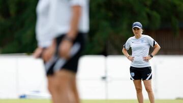 Sarina Wiegman, Manager of England looks on during an England training session at The Lensbury on July 14, 2022 in Teddington, England.