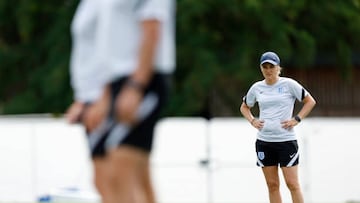 Sarina Wiegman, Manager of England looks on during an England training session at The Lensbury on July 14, 2022 in Teddington, England.