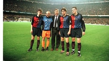 Celades (hoy entrenador del Valencia), De la Pe&ntilde;a, Johan Cruyff, Roger Garc&iacute;a (ayudante en el Celta) y &Oacute;scar Garc&iacute;a (hoy entrenador del Celta). 
 