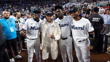 MIAMI, FLORIDA - MARCH 28: (L-R) Nick Gordon #1 of the Miami Marlins, Neymar Jr, Jazz Chisholm Jr. #2 of the Miami Marlins and Luis Arraez #3 of the Miami Marlins pose before the game against the Pittsburgh Pirates on Opening Day at loanDepot park on March 28, 2024 in Miami, Florida.   Brennan Asplen/Getty Images/AFP (Photo by Brennan Asplen / GETTY IMAGES NORTH AMERICA / Getty Images via AFP)