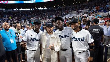 Brazilian soccer star Neymar was in Miami to throw the first pitch at Thursday’s Opening Day matchup between the Pittsburgh Pirates and Miami Marlins.