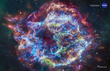 "Por primera vez, astrónomos han combinado datos del observatorio de rayos X Chandra y el telescopio espacial James Webb de la NASA para estudiar los conocidos restos de la supernova de Casiopea A (Cas A). Este trabajo ha ayudado a explicar una estructura inusual llamada el “Monstruo verde” en los escombros de la estrella destruida, que fue descubierta por primera vez en abril de 2023 en los datos de Webb. Esta imagen compuesta contiene rayos X de Chandra (azul), datos en infrarrojo de Webb (rojo, verde, azul) y datos ópticos de Hubble (rojo y blanco). Las partes exteriores de la imagen también incluyen datos infrarrojos del telescopio espacial Spitzer de la NASA (rojo, verde y azul".