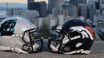 Los cascos de los Carolina Panthers y los Denver Broncos presiden una imagen de San Francisco.