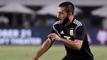 LOS ANGELES, CA - SEPTEMBER 07: Matias Vargas #26 of Argentina dribbles the ball during the second half in a 3-0 Argentina win over Guatemala at Los Angeles Memorial Coliseum on September 7, 2018 in Los Angeles, California.   Harry How/Getty Images/AFP
 =