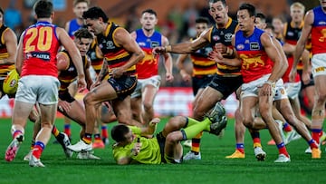 ADELAIDE, AUSTRALIA - MAY 12: Umpire Leigh Haussen falls under Izak Rankine of the Crows during the round nine AFL match between Adelaide Crows and Brisbane Lions at Adelaide Oval, on May 12, 2024, in Adelaide, Australia. (Photo by Mark Brake/Getty Images)