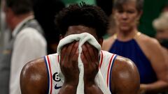 BOSTON, MASSACHUSETTS - MAY 14: Joel Embiid #21 of the Philadelphia 76ers reacts on the bench against the Boston Celtics during the third quarter in game seven of the 2023 NBA Playoffs Eastern Conference Semifinals at TD Garden on May 14, 2023 in Boston, Massachusetts. NOTE TO USER: User expressly acknowledges and agrees that, by downloading and or using this photograph, User is consenting to the terms and conditions of the Getty Images License Agreement.   Adam Glanzman/Getty Images/AFP (Photo by Adam Glanzman / GETTY IMAGES NORTH AMERICA / Getty Images via AFP)