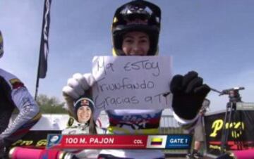 “Ma estoy triunfando gracias a ti”, le manifestó la pedalista antioqueña a su mamá Claudia Londoño luego de coronarse campeona de la segunda Copa Mundo de BMX que se realizó en Papendal, Holanda 2015.