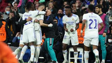 Karim Benzema of Real Madrid celebrates a goal during the spanish league, La Liga Santander, football match played between Real Madrid and Chelsea FC at Santiago Bernabeu stadium on april 12, 2022, in Madrid, Spain.
 AFP7 
 12/04/2022 ONLY FOR USE IN SPAI