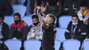 VIGO, SPAIN - FEBRUARY 21: Roger Mart&iacute; of Levante celebrates after scores his sides first goal during the LaLiga Santander match between RC Celta de Vigo and Levante UD at Abanca-Bala&Igrave;dos on February 21, 2022 in Vigo, Spain. (Photo by Octavi