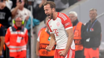 Munich (Germany), 20/09/2023.- Munich's Harry Kane celebrates after scoring the 3-1 from the penalty spot during the UEFA Champions League Group A soccer match between FC Bayern Munich and Manchester United in Munich, Germany, 20 September 2023. (Liga de Campeones, Alemania) EFE/EPA/Anna Szilagyi