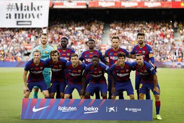 El once del Barcelona fue: Neto; Semedo, Piqué, Umtiti, Jordi Alba; Rakitic, De Jong, Riqui Puig, C. Pérez; Dembélé y Griezmann. 

