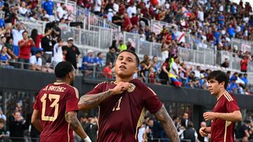 Venezuela's forward #11 Darwin Machis celebrates scoring his team's first goal during the international friendly football match between Venezuela and Italy at Chase Stadium in Fort Lauderdale, Florida, March 21, 2024. (Photo by CHANDAN KHANNA / AFP)
