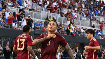 Venezuela's forward #11 Darwin Machis celebrates scoring his team's first goal during the international friendly football match between Venezuela and Italy at Chase Stadium in Fort Lauderdale, Florida, March 21, 2024. (Photo by CHANDAN KHANNA / AFP)