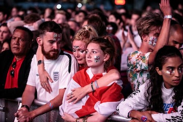 LONDON, ENGLAND  - JULY 11: England football fans react after their defeat as they watch the Hyde Park screening of the FIFA 2018 World Cup semi-final match between Croatia and England on July 11, 2018 in London, United Kingdom.The winner of this evening'