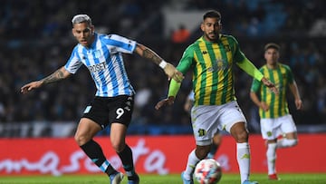 AVELLANEDA, ARGENTINA - JUNE 26: Enzo Copetti of Racing Club fights for the ball with Mario Lopez of Aldosivi during a match between Racing Club and Aldosivi as part of Liga Profesional 2022 at Presidente Peron Stadium on June 26, 2022 in Avellaneda, Argentina. (Photo by Rodrigo Valle/Getty Images)