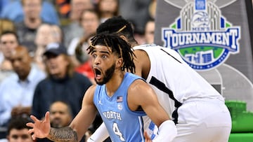 GREENSBORO, NORTH CAROLINA - MARCH 09: R.J. Davis #4 of the North Carolina Tar Heels reacts after being called for a foul Virginia Cavaliers during the second half in the quarterfinals of the ACC Basketball Tournament at Greensboro Coliseum on March 09, 2023 in Greensboro, North Carolina.   Grant Halverson/Getty Images/AFP (Photo by GRANT HALVERSON / GETTY IMAGES NORTH AMERICA / Getty Images via AFP)