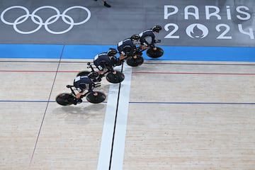 Team New Zealand compete in a men's track cycling team pursuit qualifying round.