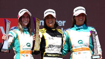 LE CASTELLET, FRANCE - JULY 23: Race winner Jamie Chadwick of Great Britain and Jenner Racing (C), Second placed Belen Garcia of Spain and Quantfury W Series Team (L) and Third placed Nerea Marti of Spain and Quantfury W Series Team (R) celebrate on the podium during the W Series Round 4 race at Circuit Paul Ricard on July 23, 2022 in Le Castellet, France. (Photo by Clive Rose/Getty Images)