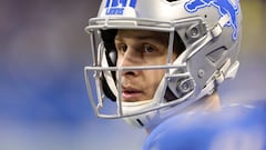 DETROIT, MICHIGAN - JANUARY 14: Jared Goff #16 of the Detroit Lions looks on during the third quarter against the Los Angeles Rams in the NFC Wild Card Playoffs at Ford Field on January 14, 2024 in Detroit, Michigan.   Gregory Shamus/Getty Images/AFP (Photo by Gregory Shamus / GETTY IMAGES NORTH AMERICA / Getty Images via AFP)